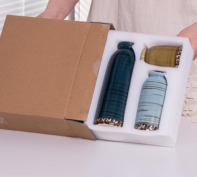 Ceramic Vase Set of 3, Farmhouse Decorative Vase for Pampas Grass, Living Room, Bathroom,Bookshelf, Centerpieces (Blue/Navy Blue/Yellow)-VerdiqueGarden