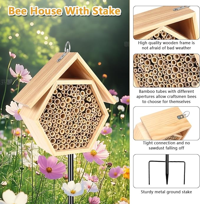 Mason Bee House for Garden, Natural Wooden Bee Habitat with Metal Ground Stake, Attracts Pollinators, Improve Garden Productivity, Outdoor Decoration-VerdiqueGarden