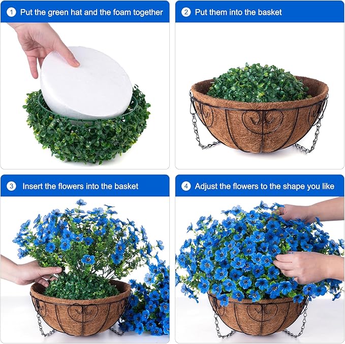Artificial Fake Hanging Plants Flowers with Basket Outdoor Decor Faux Silk Daisy Flower Arrangements in Pot Planter for Porch Home Indoor Patio Garden Yard Decoration, Blue-VerdiqueGarden