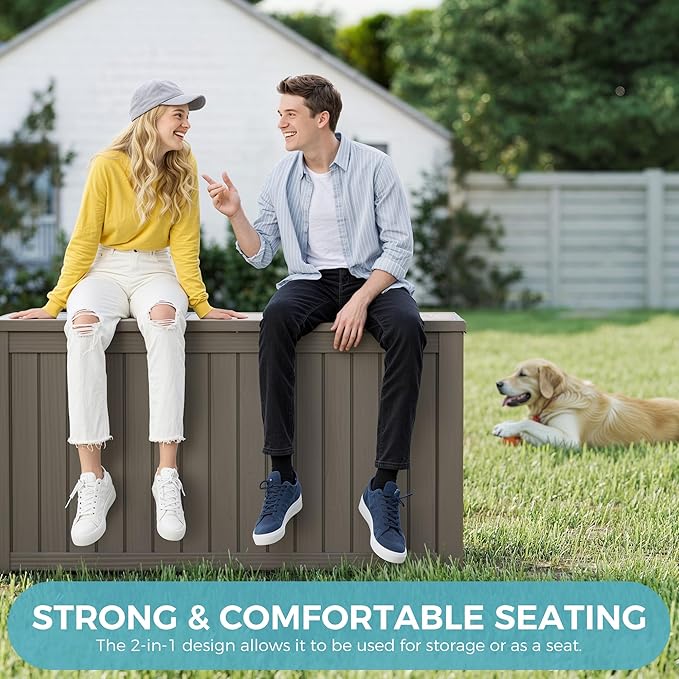 KAMABOKO Outdoor Storage Box, 150 Gallon Large Outdoor Resin Deck Box, Storage Waterproof Boxes Lockable Lid for Garden Tools, Pool Supplies, Patio Furniture and Cushions, Grey-VerdiqueGarden