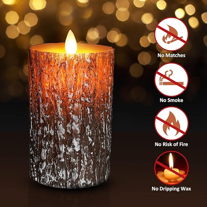 JOSU LED Flameless Candles Pine Bark Effect, Battery Operated Candles with Remote Control, LED Fake Candles, 4" 5" 6" Pack of 3, for Wedding Decor, Table Decor, Home Decoration Gifts (Pine Bark)-VerdiqueGarden
