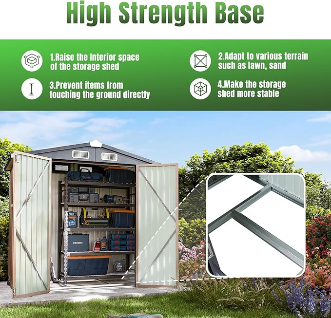 Aoxun 6'x4' Outdoor Storage Shed with Base Galvanized Steel Metal Garden Shed for Patio, Lawn & Garden(Brown, 6' x 4'W/Base)-VerdiqueGarden