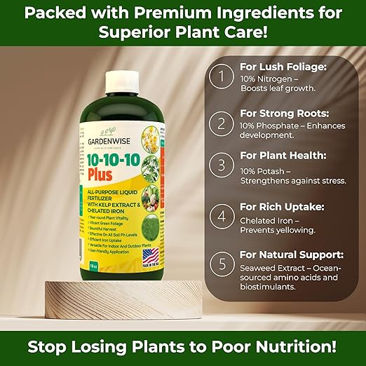 10-10-10 Fertilizer for All Purpose Plants - Liquid Fertilizer with Seaweed Kelp&Iron - Plant Food Outdoor & Indoor Plant Food, Vegetables, Flowers, Lawn & Garden 10 10 10 Fertilizer 1x8oz-VerdiqueGarden