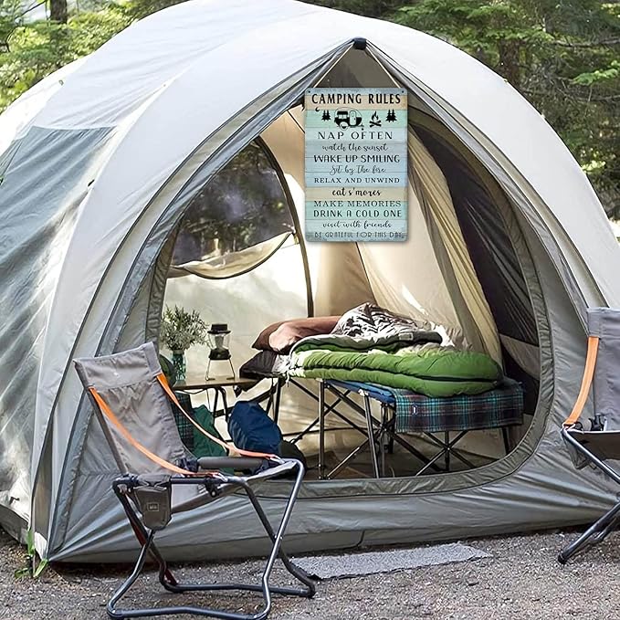 Camping Decor For Camper Camping Rules Sign Metal Tin Signs Lake Camper Door Decorations For Inside Funny Camping Themed Decor Rv Wall Art Decor Cabin Sign 12 X 8 Inch-VerdiqueGarden