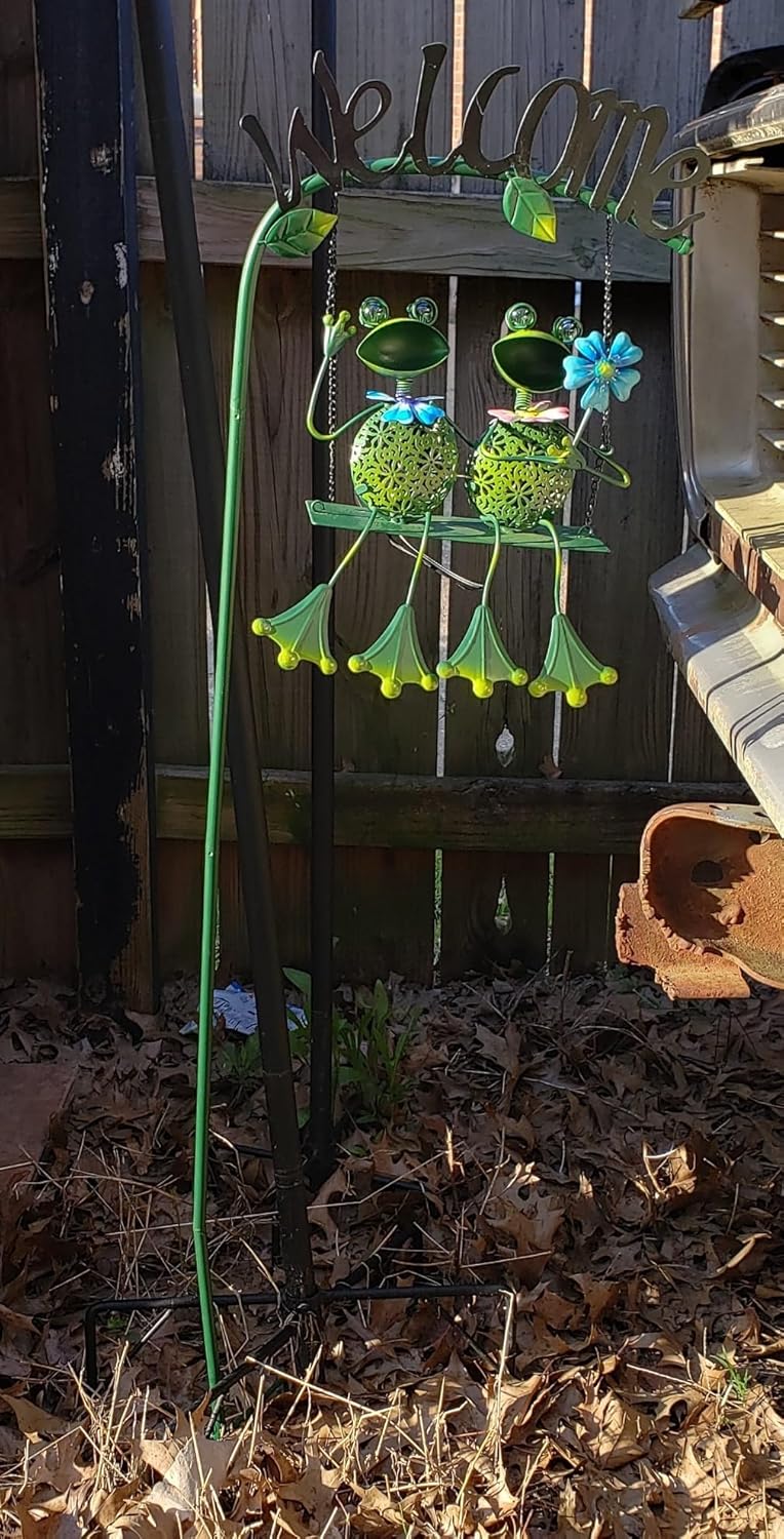 Frog Solar Light Garden Outdoor Decoration Swing Metal Stake Lamp with Welcome Sign Waterproof Patio Yard Decor Gifts-48 inch-VerdiqueGarden
