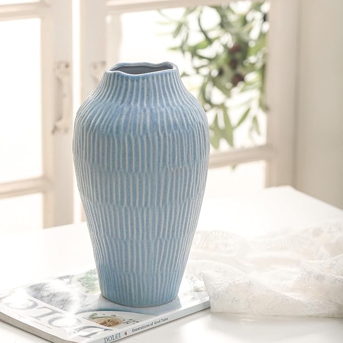 Ceramic Vase for Home Decor,11.6 Inch Flower Vases，Decorative Blue Vase for Pampas Grass，Modern Art Texture Vases for Home Entryway Living Room Dining Table Farmhouse Office Decor-Mat Blue-VerdiqueGarden