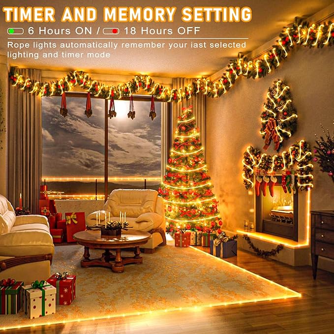 Rope Lights Outdoor, 100FT 300 LED Plug in Christmas Lights with Waterproof 8 Modes, Connectable String Twinkle Light for Indoor House Patio Garden Party Holiday Decorations, Warm White-VerdiqueGarden