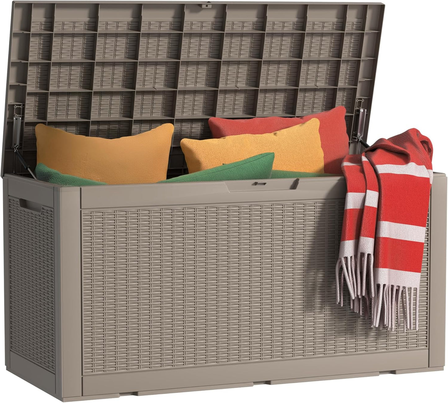 100 Gallon Outdoor Storage Box Waterproof, UV Resistant Resin Deck Box with Hydraulic Rod, Reinforced Stability for Patio, Garden, Rattan Gray-VerdiqueGarden