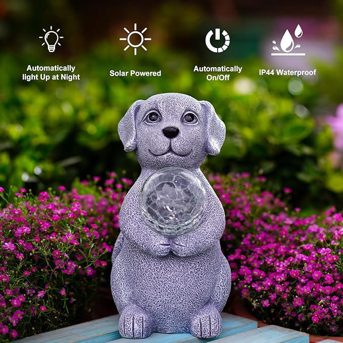Solar Dog Garden Statues - 8.4 "Dog Decor with Gazing Ball Solar LED Lights, Unique Gifts for Mom Grandma Birthdays, Outdoor Decor for Outside Lawn Porch Patio (Gray)-VerdiqueGarden