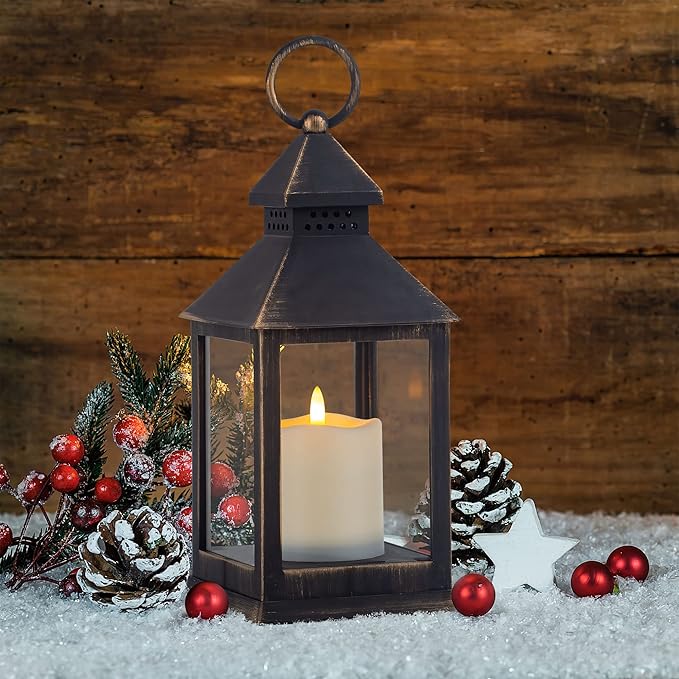 Vintage Golden Brushed Black Lantern Decorative LED Flickering Flameless Candle with Timer, Battery Powered LED Decorative Hanging Lanterns for Indoor Outdoor Garden Yard Home Decor(4 Pack)-VerdiqueGarden