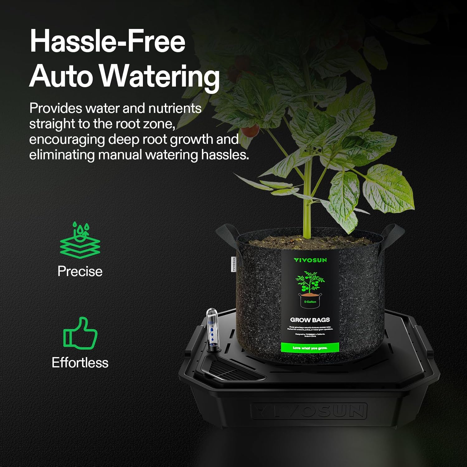 VIVOSUN 4-Pack FlexFeed Self-Watering Pots with Grow Bags, Auto Irrigation Fabric Pot Base with Water Meter & Maintenance Window, for Use Indoors/Outdoors in Grow Tents, Greenhouses, Gardens-VerdiqueGarden