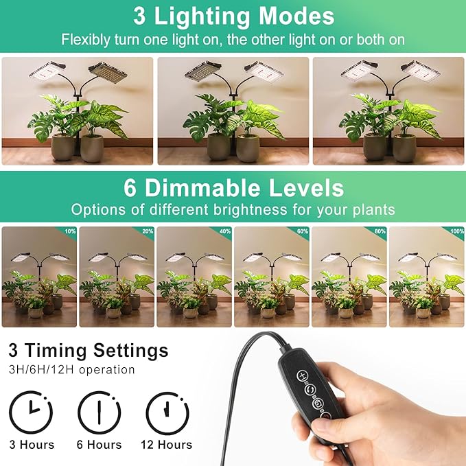 LBW Plant Grow Light, Full Spectrum Dual Heads Desk Plant Light for Indoor Plants, Growing Lamp with 3H/6H/12H Timer, 6-Level Brightness, 3 Lighting Modes, Height Adjustable, Ideal for Indoor Growth-VerdiqueGarden