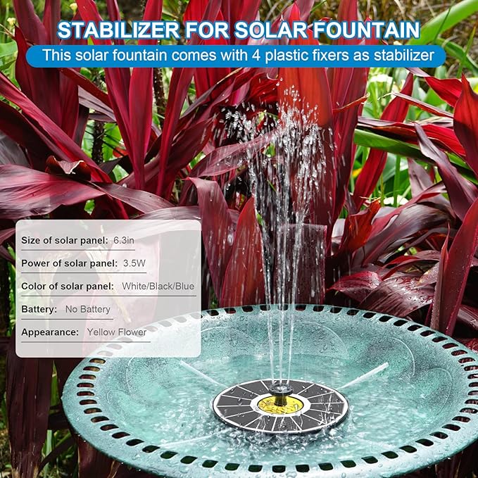 Solar Fountain for Bird Bath, 3.5W Upgraded Solar Bird Bath Fountains with 4 Fixed Pipes 7 Nozzles No Battery, Solar Fountain Pump for Bird Bath Outdoor(White)-VerdiqueGarden