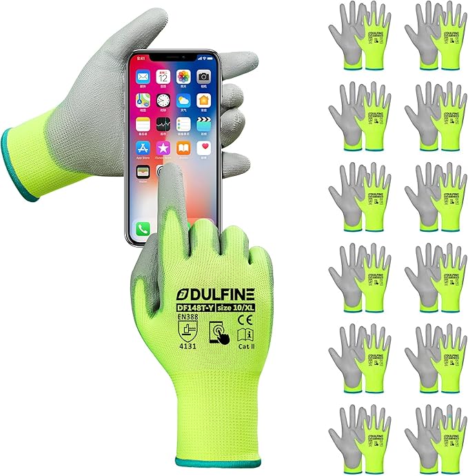 DULFINE Safety Work Gloves PU Coated for Men and Women-12 Pairs,Hi-Vis Seamless Knit Glove with Two Fingers Touchscreen,Ideal for General Duty Work (Extra Large)-VerdiqueGarden