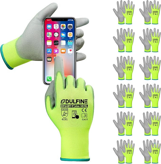 DULFINE Safety Work Gloves PU Coated for Men and Women-12 Pairs,Hi-Vis Seamless Knit Glove with Two Fingers Touchscreen,Ideal for General Duty Work (Extra Large)-VerdiqueGarden
