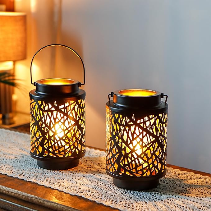 JHY DESIGN Set of 2 LED Battery Operated Table Lamp 8“H Cordless Lamp Light with 6-Hours Timer Metal Black Battery Lamp for Patio Garden Indoor Outdoor Party Events(Hollow Branch)-VerdiqueGarden