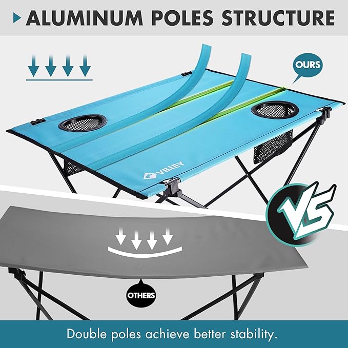 VILLEY Folding Camping Table, Lightweight Portable Beach Table with 2 Cup Holders & Carry Bag for Camping, Beach, Fishing, Travel, and Outdoor Activities (Large)-VerdiqueGarden