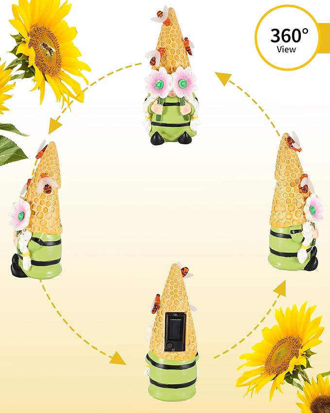 iStatue Solar Garden Gnome Figurine Light with Bees Sunflower, 9.5'' Resin Outdoor Statue for Yard Patio Decor Lawn Ornaments Porch Garden Gifts for Women/Girl (Ms Bee Gnome)-VerdiqueGarden