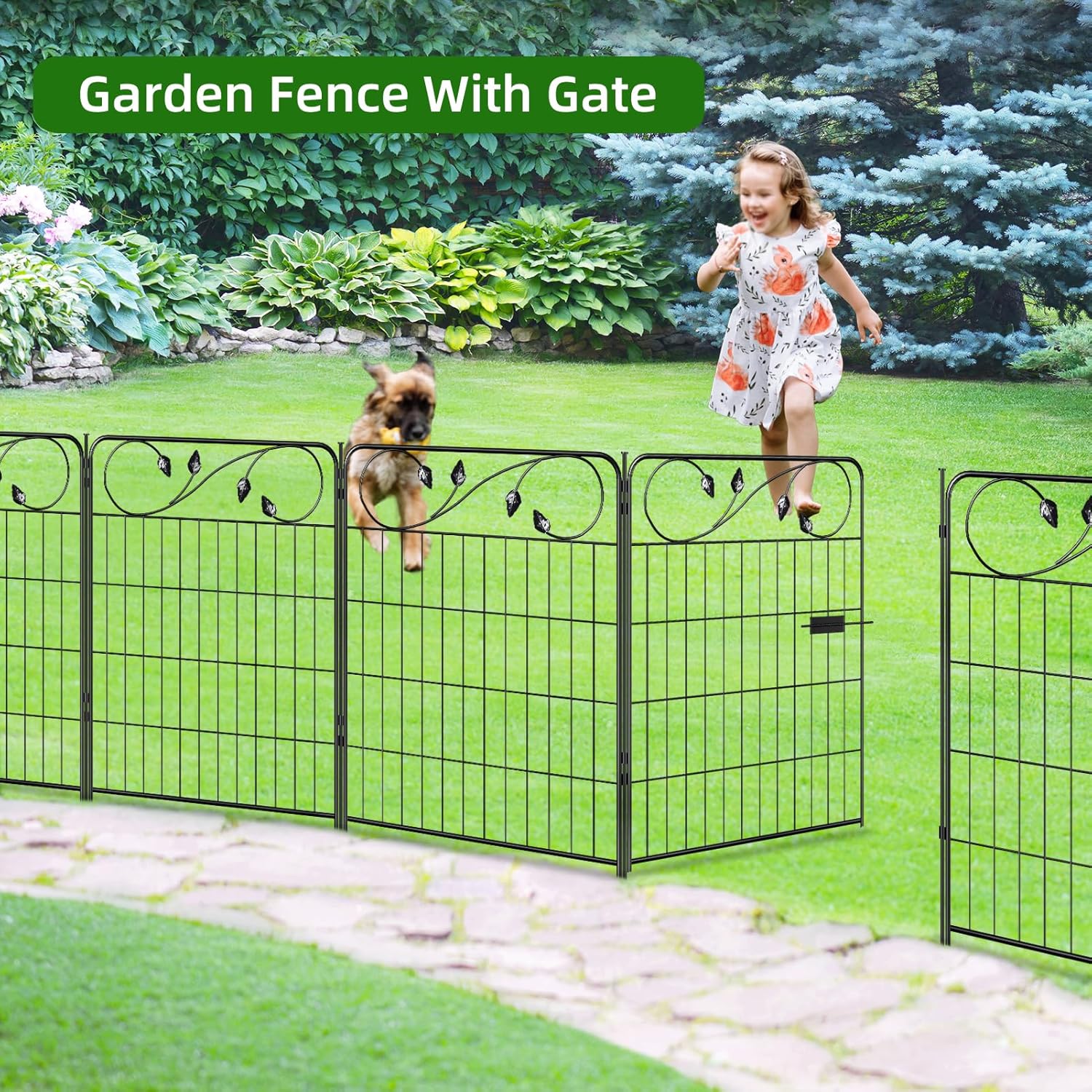 Decorative Metal Garden Fence 30in(H) X16ft(L) 1 gate+7 Panels Temporary Dog Fence Border for Landscape Patio Outdoor with gate, No dig Garden Fencing Gates for Yard-VerdiqueGarden