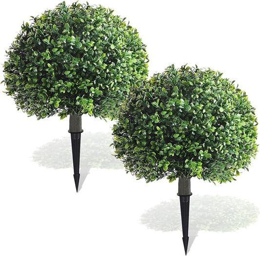 Yunlly 2 Pack 18" Artificial Boxwood Ball Bush Topiary Trees Fake Outdoor Plants, Realistic UV Resistance Faux Shrubs with Spike Greenery Topiary Potted for Front Porch Garden Yard Patio Indoor Decor-VerdiqueGarden