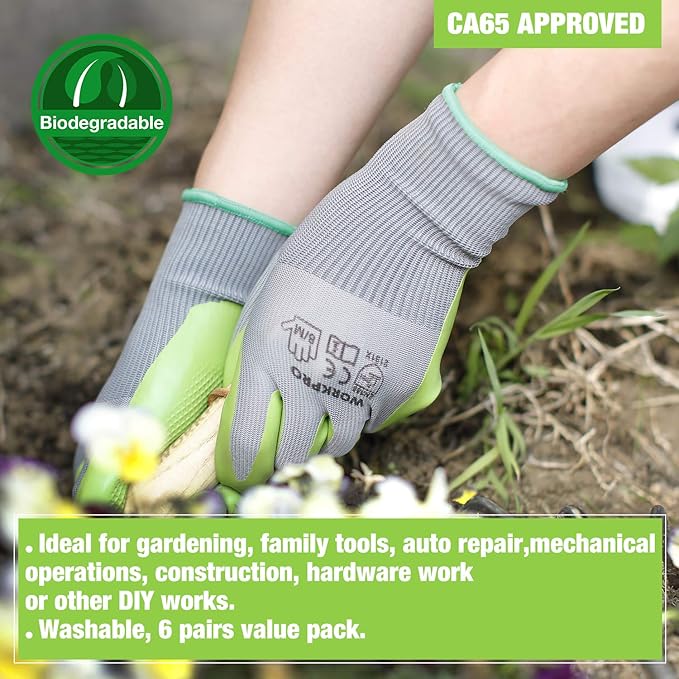 WORKPRO 6 Pairs Garden Gloves, Work Glove with Eco Latex Palm Coated, Gardening Gloves, Working Gloves for Weeding, Digging, Raking, and Pruning (Medium)-VerdiqueGarden