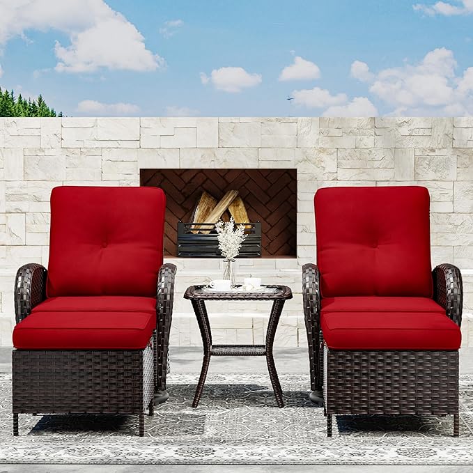 Joyside 5 Piece Patio Furniture Set, Outdoor Swivel Chair Sets with Thick Cushion and Ottoman, Wicker Patio Conversation Set for Porch, Deck Use (Brown/Red, 5 PCS)-VerdiqueGarden