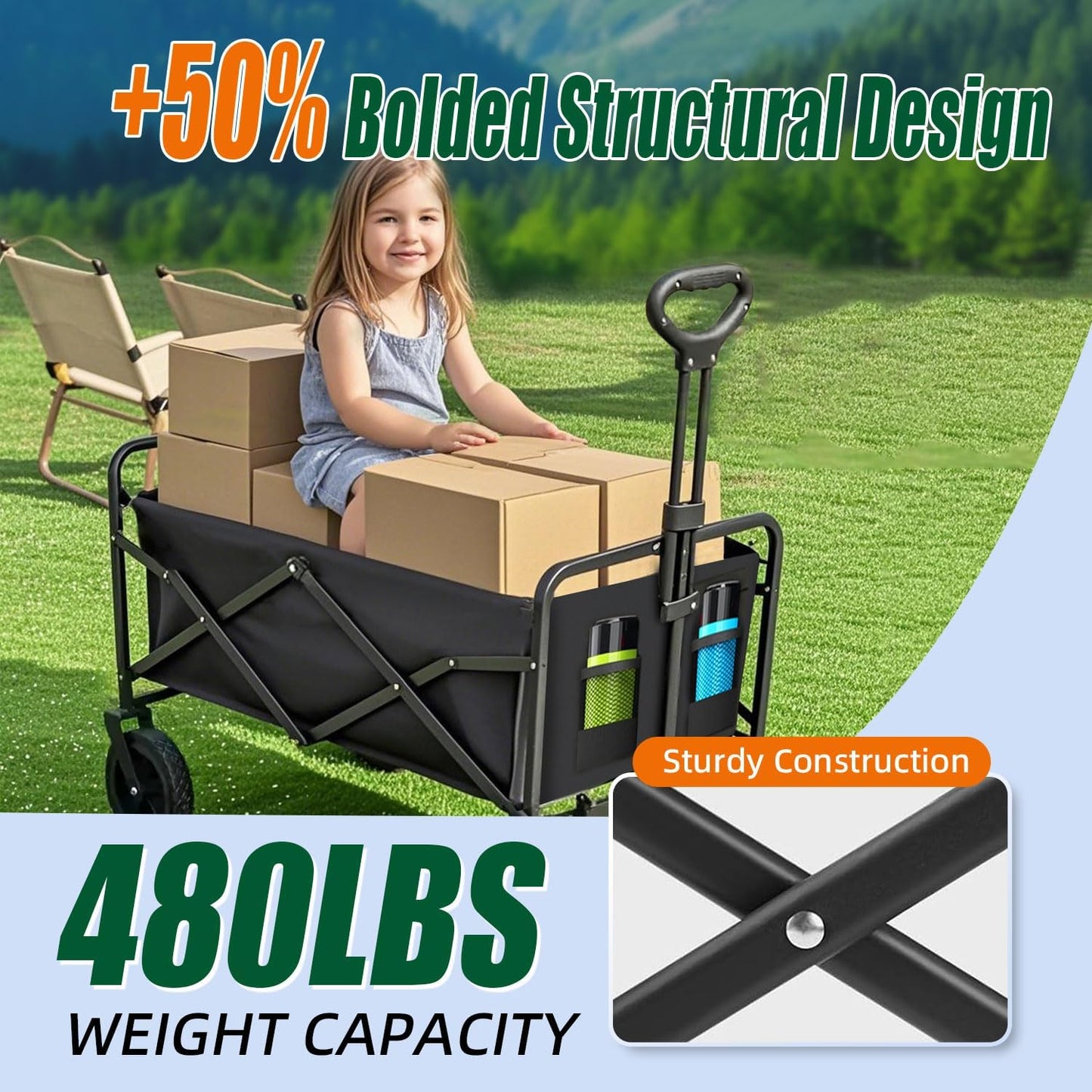 Collapsible Wagon Cart Foldable 37" L 480lbs Capacity, Heavy Duty Beach Wagon, Shopping Carts with Wheels for Grocery, Camping, Shopping, Beach, Fishing, Garden Cart-VerdiqueGarden