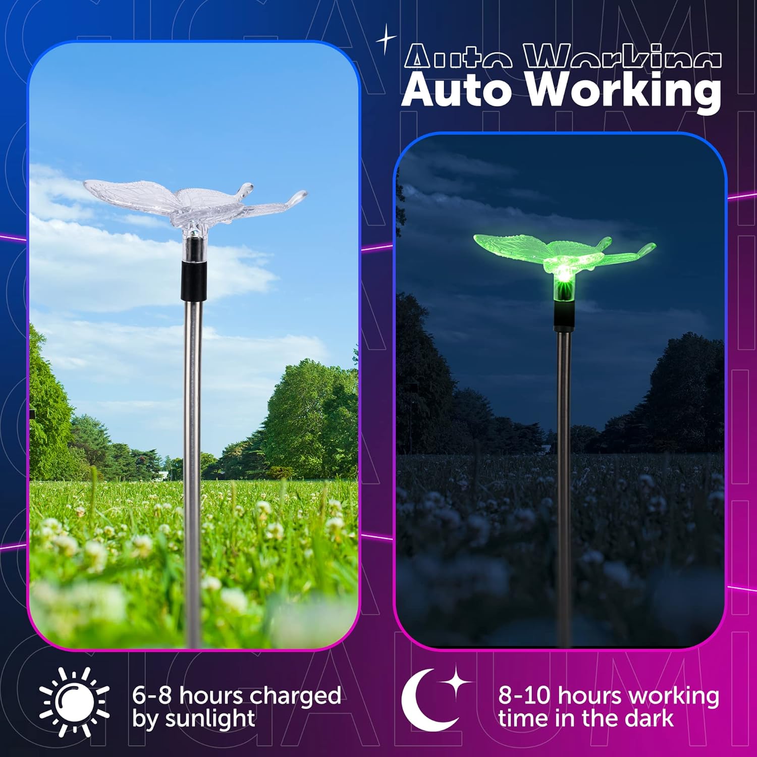 GIGALUMI Solar Garden Lights, 6 Pack Solar Butterfly Lights Decoration, Outdoor Garden Decoration Color Changing LED, Outdoor Decorative for Pathway, Lawn, Patio, Driveway-VerdiqueGarden