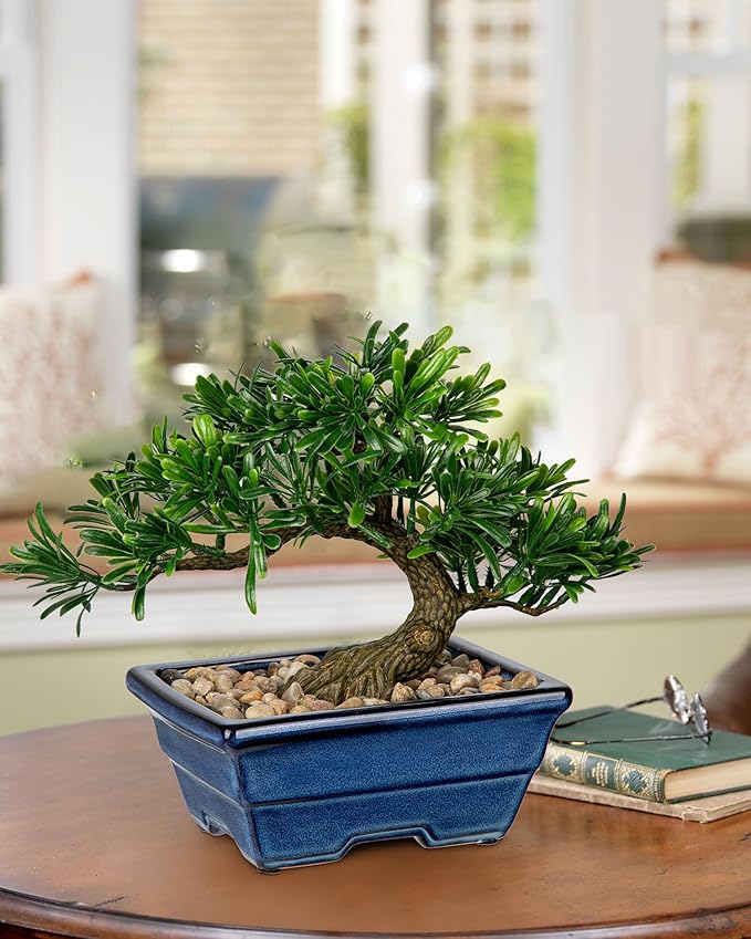 Artificial Bonsai Tree Faux Plants Indoor Small Fake Plants Decor with Blue Ceramic Pots for Home Table Office Desk Bathroom Shelf Bedroom Living Room Farmhouse Decorations-VerdiqueGarden