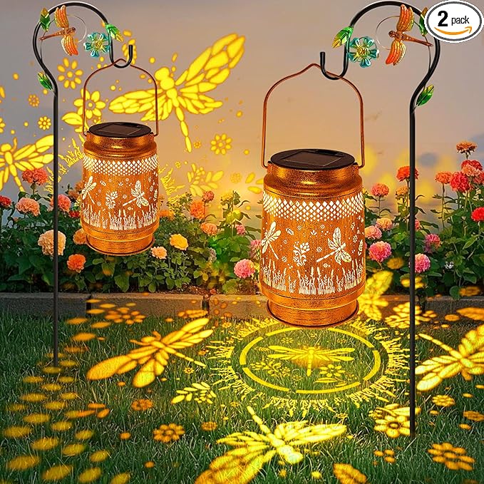 2 Pack Solar Lanterns Outdoor Garden Decor with Shepherd Hook, Gardening Gifts for Mom Grandma Women Dragonfly Metal Decor Lantern Waterproof Solar Lights LED Decorative for Garden Yard Patio-VerdiqueGarden