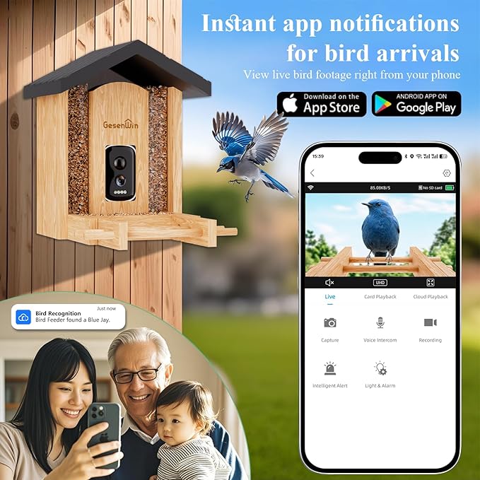 Smart Bird Feeder with Camera for Wild Birds - Identifies 11,000+ Species, Solar Panel Wireless Outdoors Bamboo Birdhouse with Cam, 2K HD Live Video & Instant Alerts - Bird Lover Gifts-VerdiqueGarden