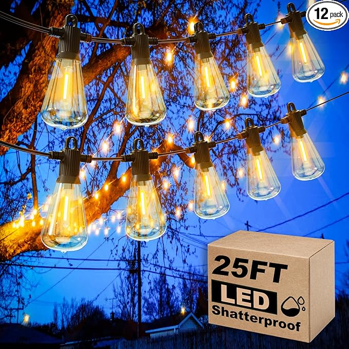 25ft Outdoor String Lights, LED Patio Hanging With 12 Shatterproof Bulbs, Waterproof ETL Listed Bistro for Backyard Garden Cafe-VerdiqueGarden