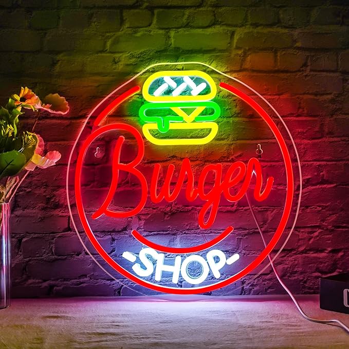 Hamburger Shop Neon Sign Hamburger Neon Signs for Wall Decor Dimmable Hamburger Neon Lights LED Light Up Sign for Hamburger Shop,Bar,Restaurant,Food Shop,Pub Decoration-VerdiqueGarden
