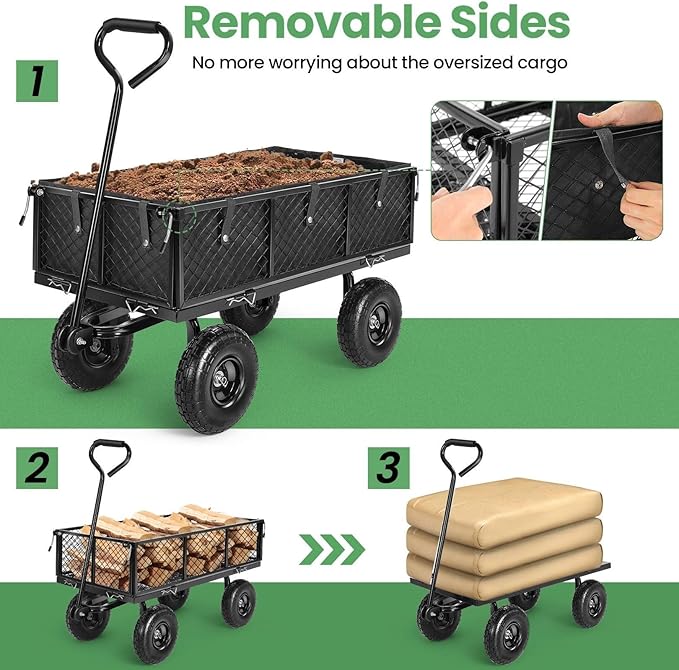 Homdox MAX 880LB Garden Cart, Heavy Duty Garden Wagon, Mesh Foldable Garden Cart, Pullable Gardens Wagon with 180° Rotating Handle, Collapsible Garden Carts for Yard Beach Farm, Black with Bag-VerdiqueGarden
