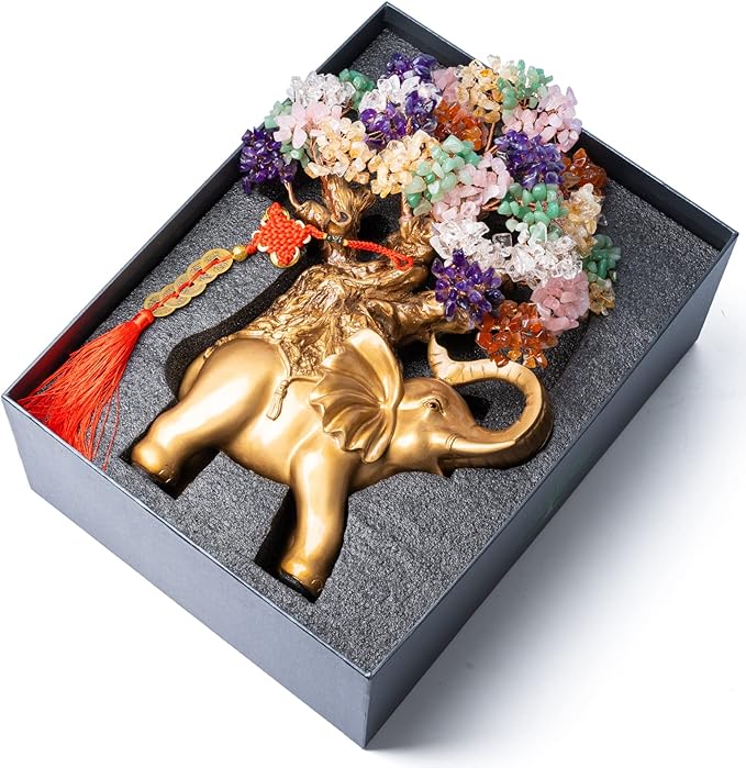 7 Chakra Crystal Money Tree on Gold Elephant Statue, 17”Large Gemstone Bonsai Tree of Life Home Décor Gifts for Wealth Positive Energy, Feng Shui Décor-VerdiqueGarden