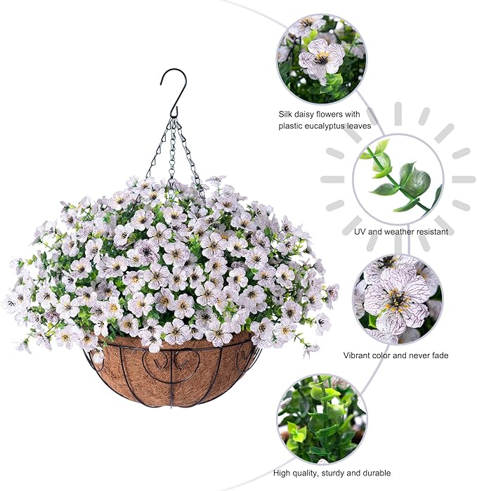 Artificial Fake Hanging White Plants Flowers Basket for Outdoor Fall Winter, Faux Silk Daisy in Planter Realistic UV Resistant for Christmas Outside Porch Home Patio Balcony Yard Decoration-VerdiqueGarden