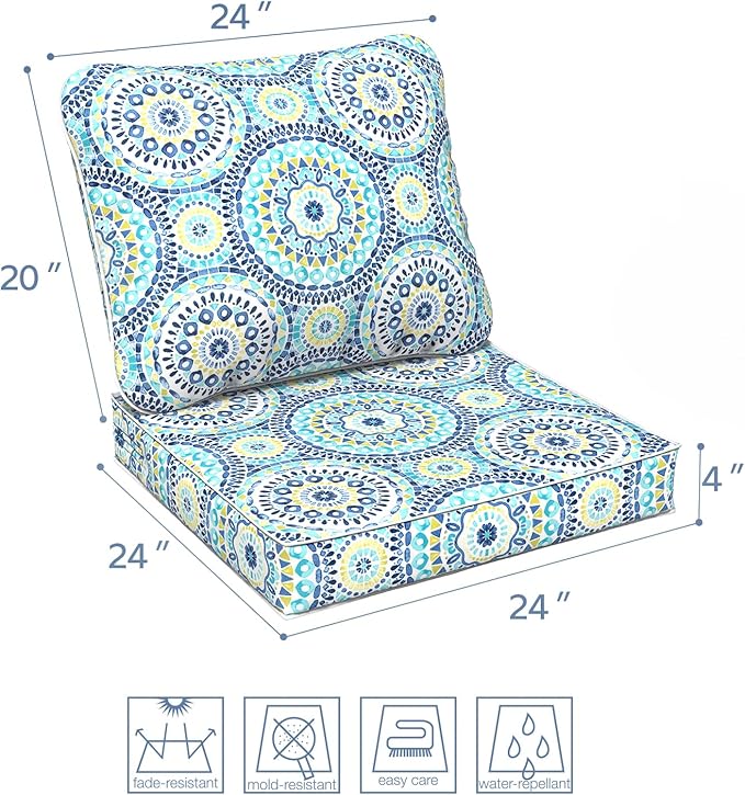 LVTXIII Outdoor Deep Seat Cushion Patio Seat and Back Cushion Set Seasonal Chair Cushion with Removable Cover and Adjustable Buckle for Home and Garden, 24"x24"x4", Delancey Lagoon-VerdiqueGarden