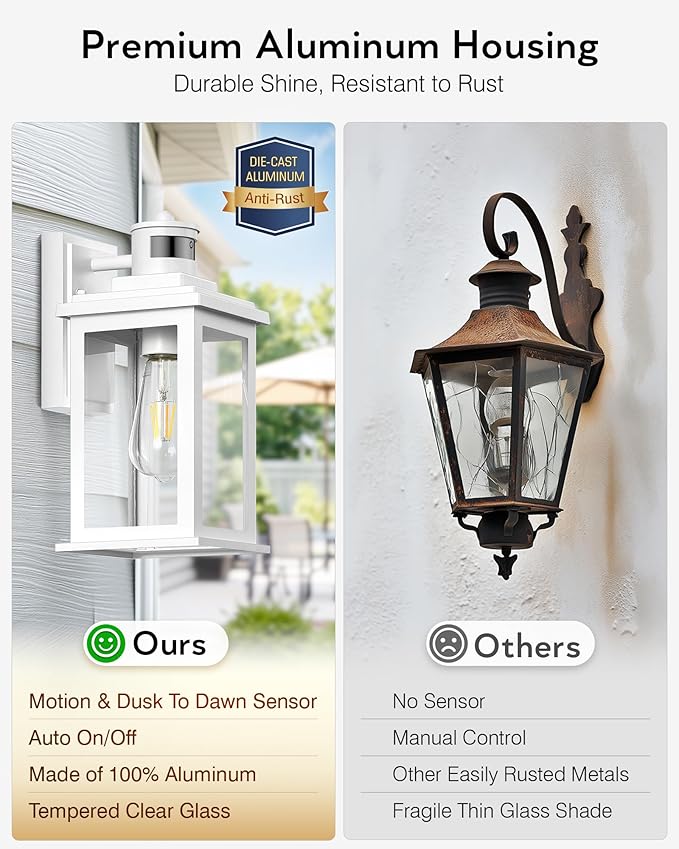 VIANIS Motion Sensor Porch Lights, Outdoor Wall Lights Wall Mount, White Dusk to Dawn Outdoor Sconce Lights, Waterproof Exterior Light Fixture for House, Garden, Patio, Entryway,Hardwired, Non-Solar-VerdiqueGarden