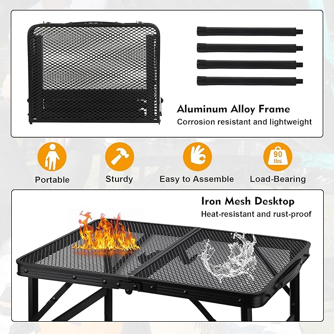 Camping Table with Mesh Desktop, Lightweight & Portable Small Folding Grill Table, Height Adjustable Metal Outdoor Table for Camp, Cooking, BBQ, RV, Picnic-2 FT Black-VerdiqueGarden