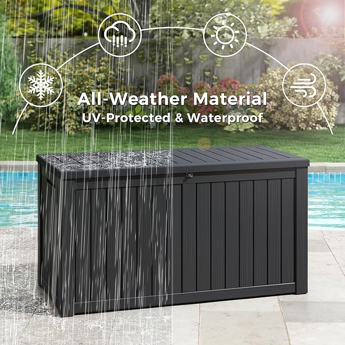 KAMABOKO Outdoor Storage Box, 150 Gallon Large Outdoor Resin Deck Box, Storage Waterproof Boxes Lockable Lid for Garden Tools, Pool Supplies, Patio Furniture and Cushions, Black-VerdiqueGarden