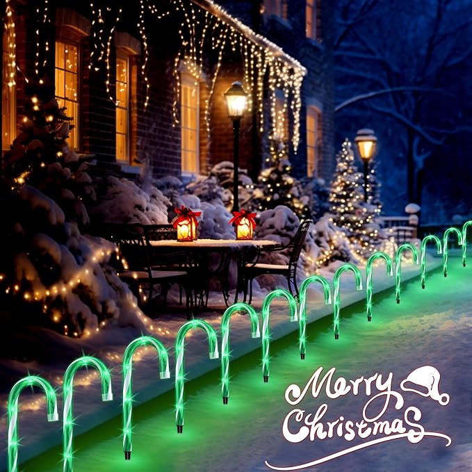 10" 10 Pack Christmas Candy Cane Lights, Candy Cane Lights with 10 Stakes for Walkway Patio Yard Patio Garden Festival Holiday Outdoor Indoor Landscape Path, Christmas Decorations Outside, Green-VerdiqueGarden