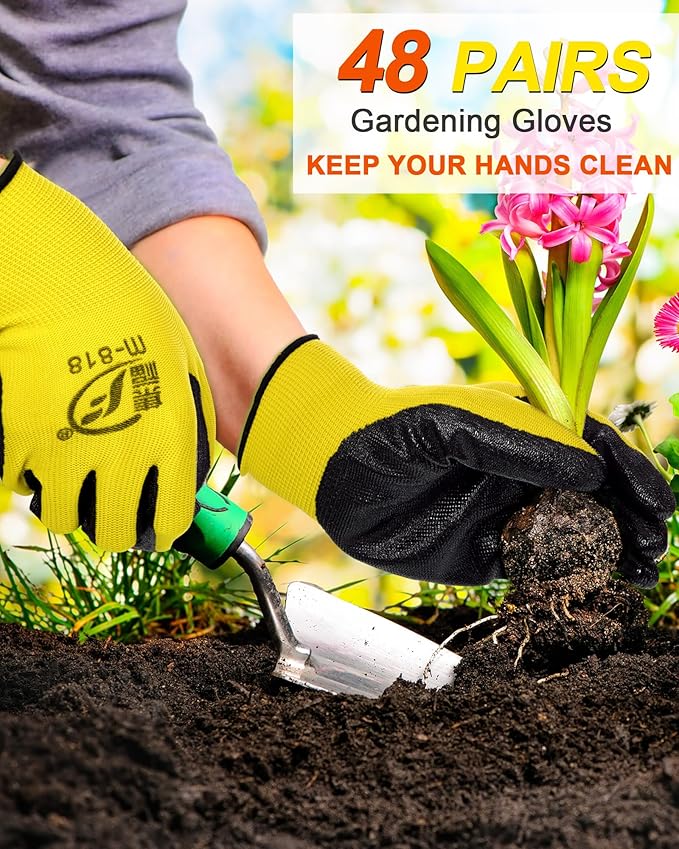 Nuogo 48 Pairs Gardening Gloves for Men Women Rubber Coated Safety Work Gloves Bulk for Gardening Construction Work-VerdiqueGarden