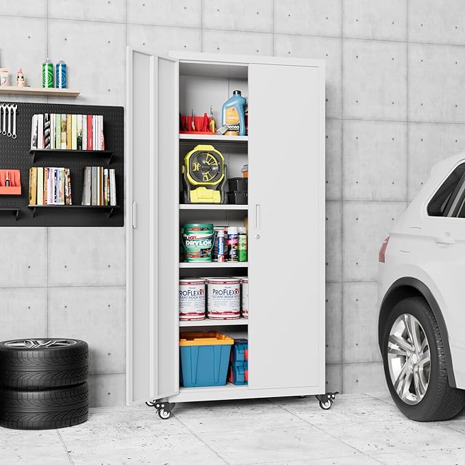 73" H Metal Garage Storage Cabinet with Wheels,Rolling Tool Storage Cabinet with 2 Doors and 4 Adjustable Shelves for Garage,Home,Office,Warehouse,Workshop, Required-Assembly,White-VerdiqueGarden