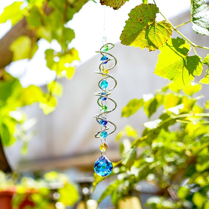 H&D HYALINE & DORA 17.7inch Gazing Ball Spiral Tail,Decorative Wind Spinner Sun Catcher,Rainbow Maker Double-Spiral W/Sea Blue Crystal Ball and Chain,Glass Crystals for Indoor Outdoor Decoration-VerdiqueGarden