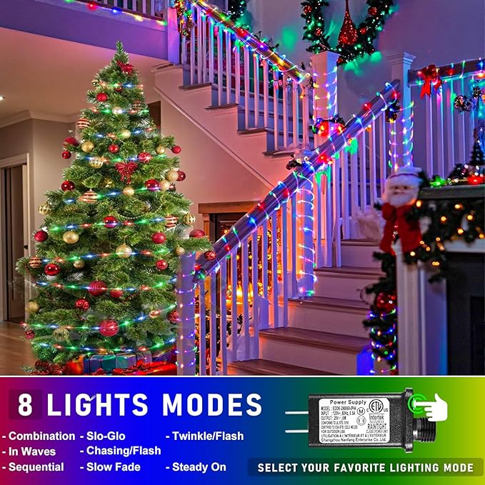 Rope Lights for Outside, 100FT 300 LED Plug in Christmas Lights Outdoor with Waterproof 8 Modes, Connectable String Light for Indoor House Patio Garden Party Easter Decorations, Multicolor-VerdiqueGarden