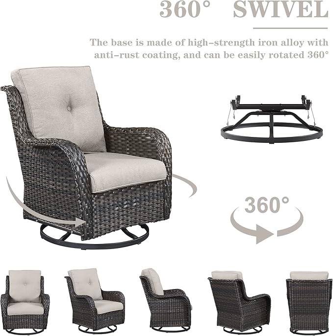 Wicker Patio Furniture Sets - 8 Piece Outdoor Rattan Furniture Conversation Sets with 4 Swivel Rocker Chairs, Rattan Sofa, Wicker Ottomans and Coffee Table, Brown/Beige-VerdiqueGarden