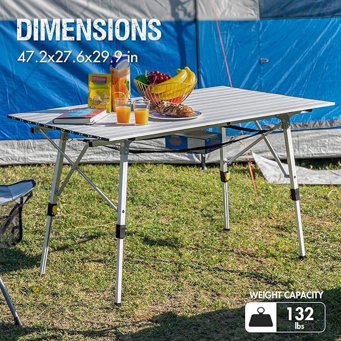 PORTAL Camping Table Portable Foldable with Adjustable Legs, Aluminum Folding Table Roll Up Table with Carrying Bag for Outdoor, Beach, Picnic, Backyards, BBQ and Party, Silver, Big-VerdiqueGarden