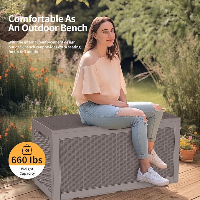 DRATO 100 Gallon Large Deck Box, Outdoor Storage Box for Patio Furniture, Patio Cushions, Gardening Tools, Pool Supplies,660lbs Weight Capacity,Waterproof Resin Storage Boxes-VerdiqueGarden