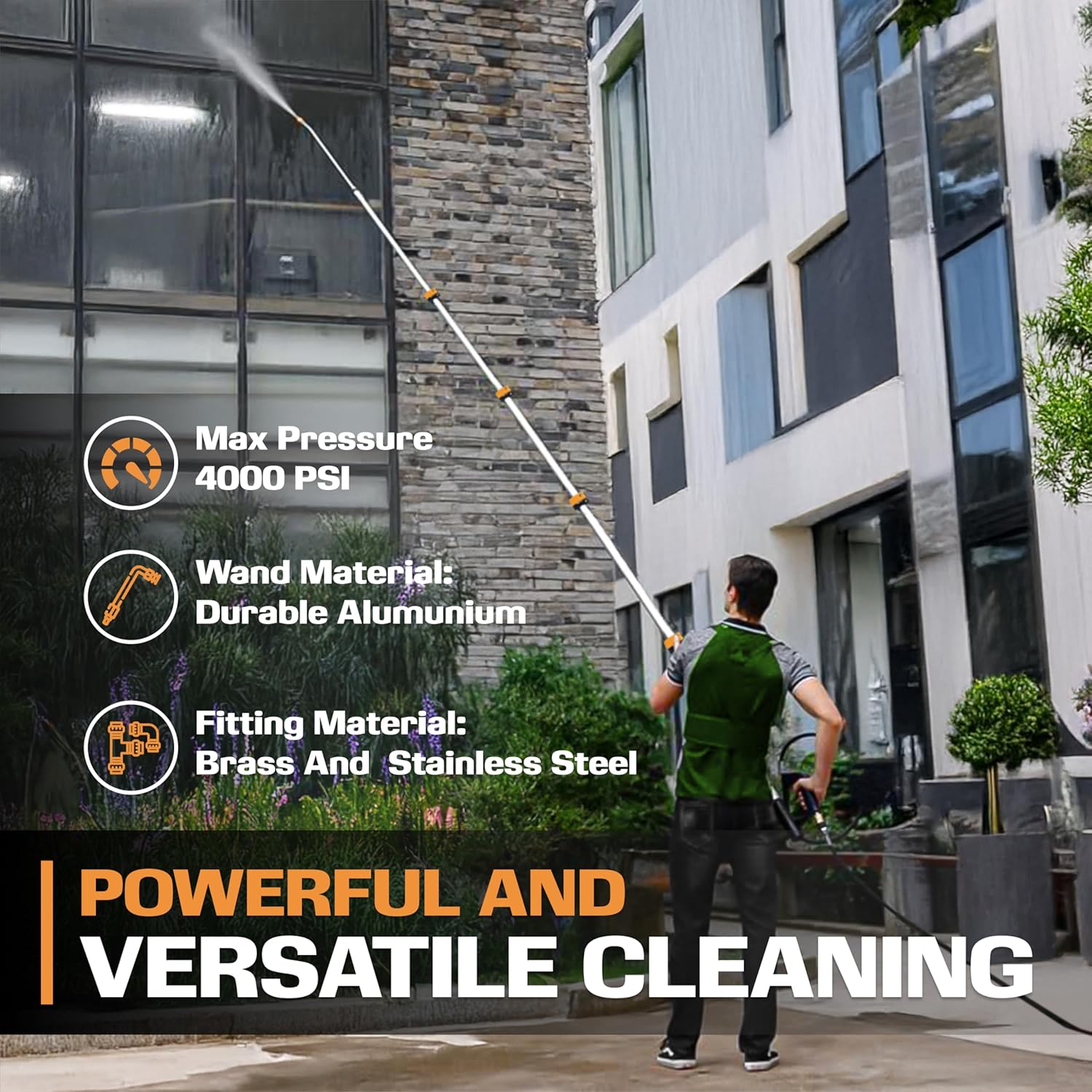 EDOU Direct Telescoping Pressure Washer Wand 19' | Heavy Duty | 4,000 PSI Max Working Pressure | Includes: 1/4" Quick Connection, 5 Spray Nozzle Tips, 2 Pivoting Couplers, 2 Adapters, Support Harness-VerdiqueGarden