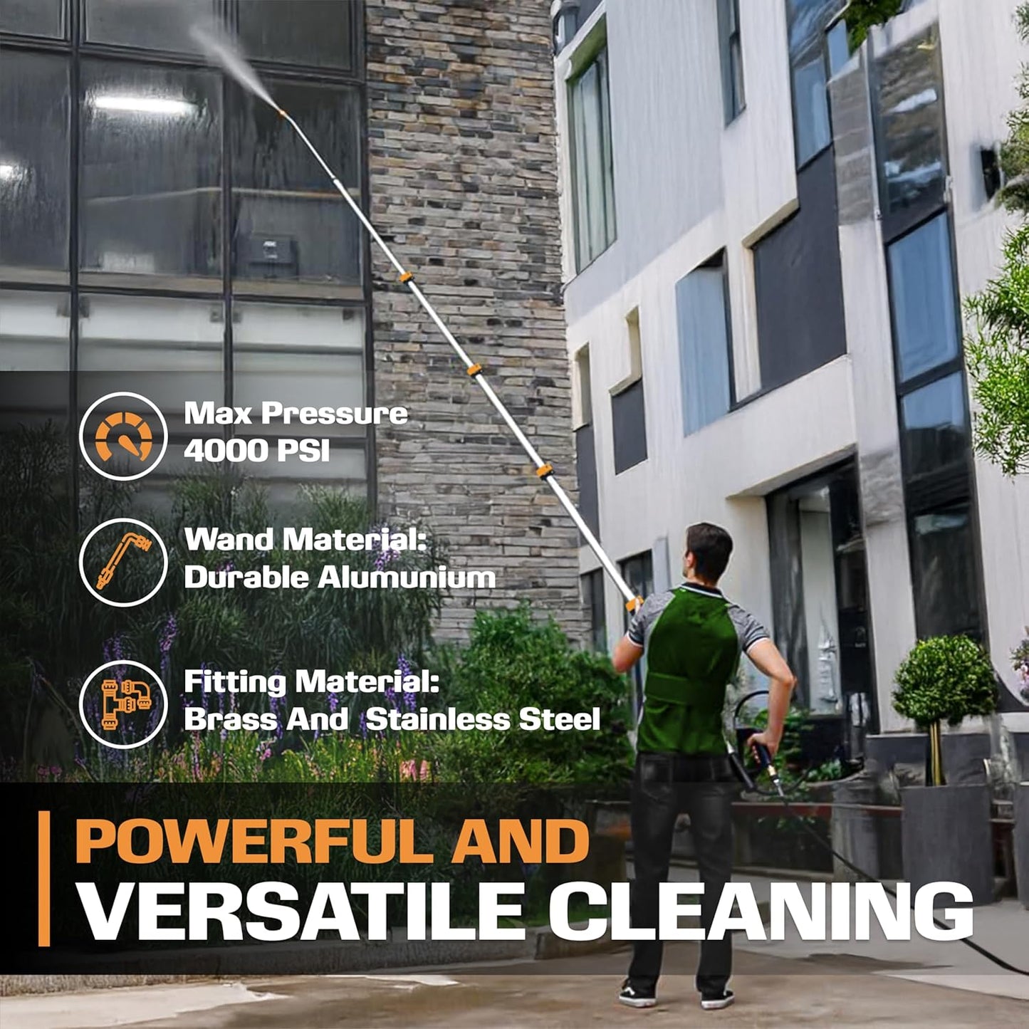 EDOU 20 ft Telescoping Pressure Washer Wand - Power Washer Gutter Cleaner Tool - 4,000 PSI Extension Pole with 1/4" Quick Connection, 5 Spray Nozzles, 2 Couplers, and Support Harness-VerdiqueGarden